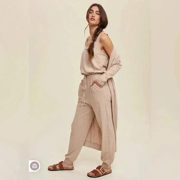Tan Jumpsuit and Long Cardigan Set | size small - Picture 2 of 13